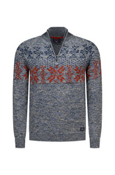 NZA men's blue-gray half-zip knit long-sleeve knit sweater with red Fair Isle chest pattern and ribbed cuffs, product view