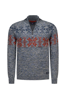 NZA men's blue-gray half-zip knit long-sleeve knit sweater with red Fair Isle chest pattern and ribbed cuffs, product view