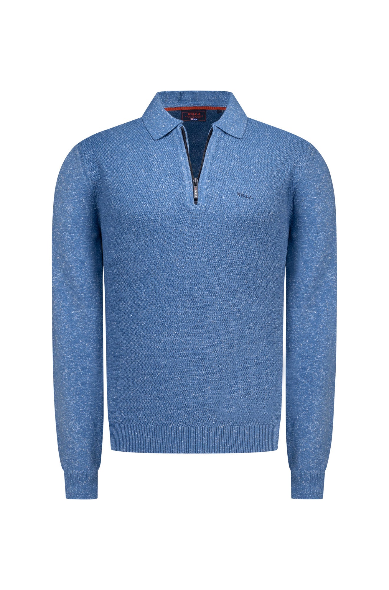 Men's blue long sleeve knit polo, front view with collar, black half-zip placket, and ribbed hem by NZA