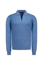 Men's blue long sleeve knit polo, front view with collar, black half-zip placket, and ribbed hem by NZA
