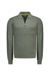 NZA men's olive green long sleeve knit polo with classic collar, half-zip placket and small chest logo, product view