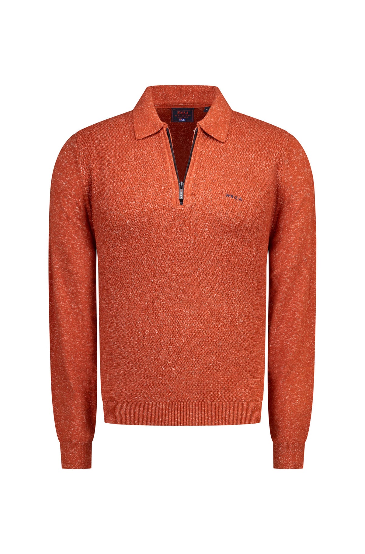 Chandail en tricot orange rouille à manches longues, col polo, courte fermeture éclair, vue produit pour homme par NZA