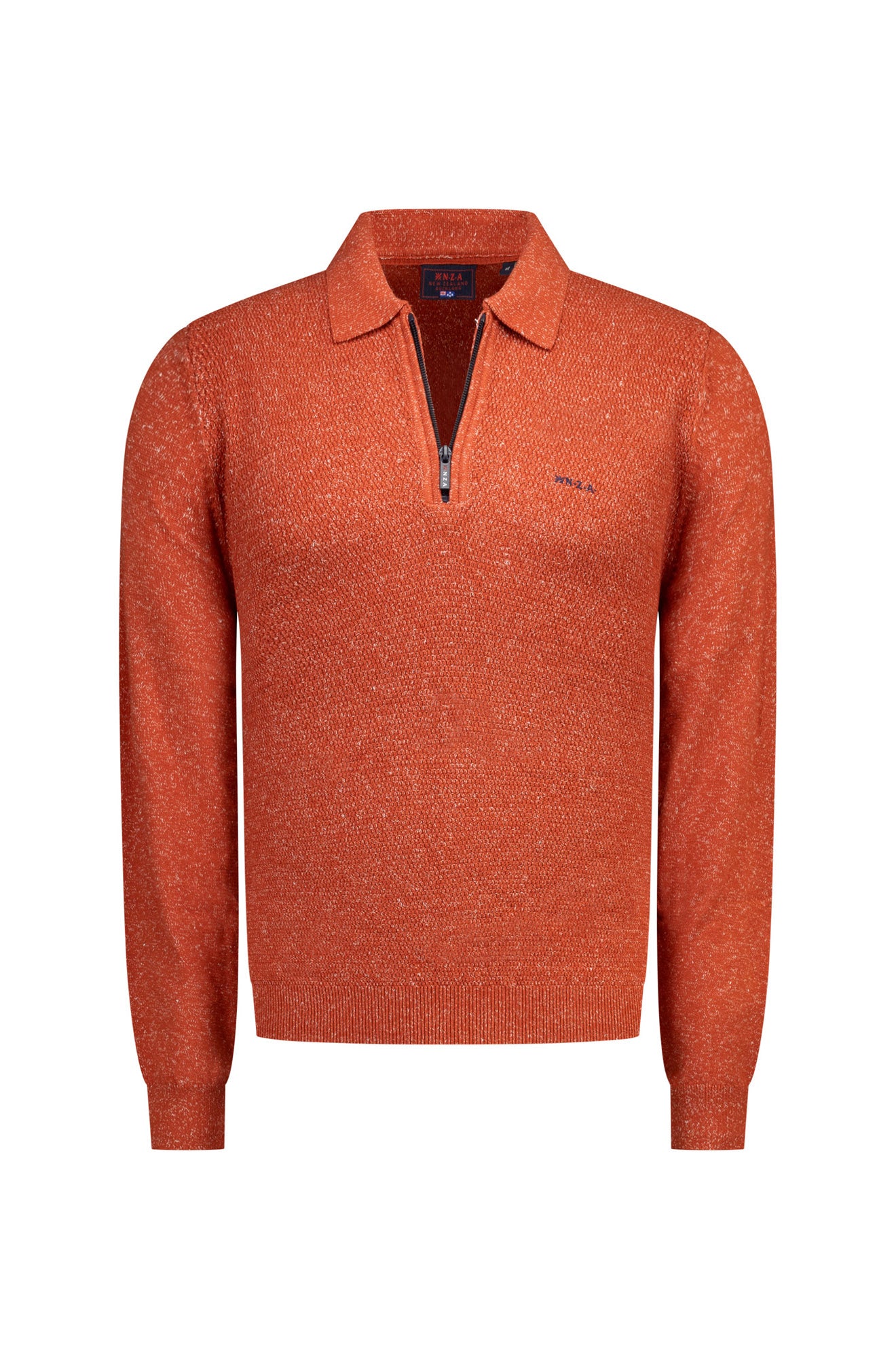 Men's rust orange long sleeve knit sweater with polo collar, short zipper, and small chest logo, product view by NZA