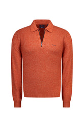 Men's rust orange long sleeve knit sweater with polo collar, short zipper, and small chest logo, product view by NZA