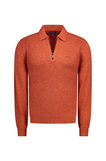 Men's rust orange long sleeve knit sweater with polo collar, short zipper, and small chest logo, product view by NZA