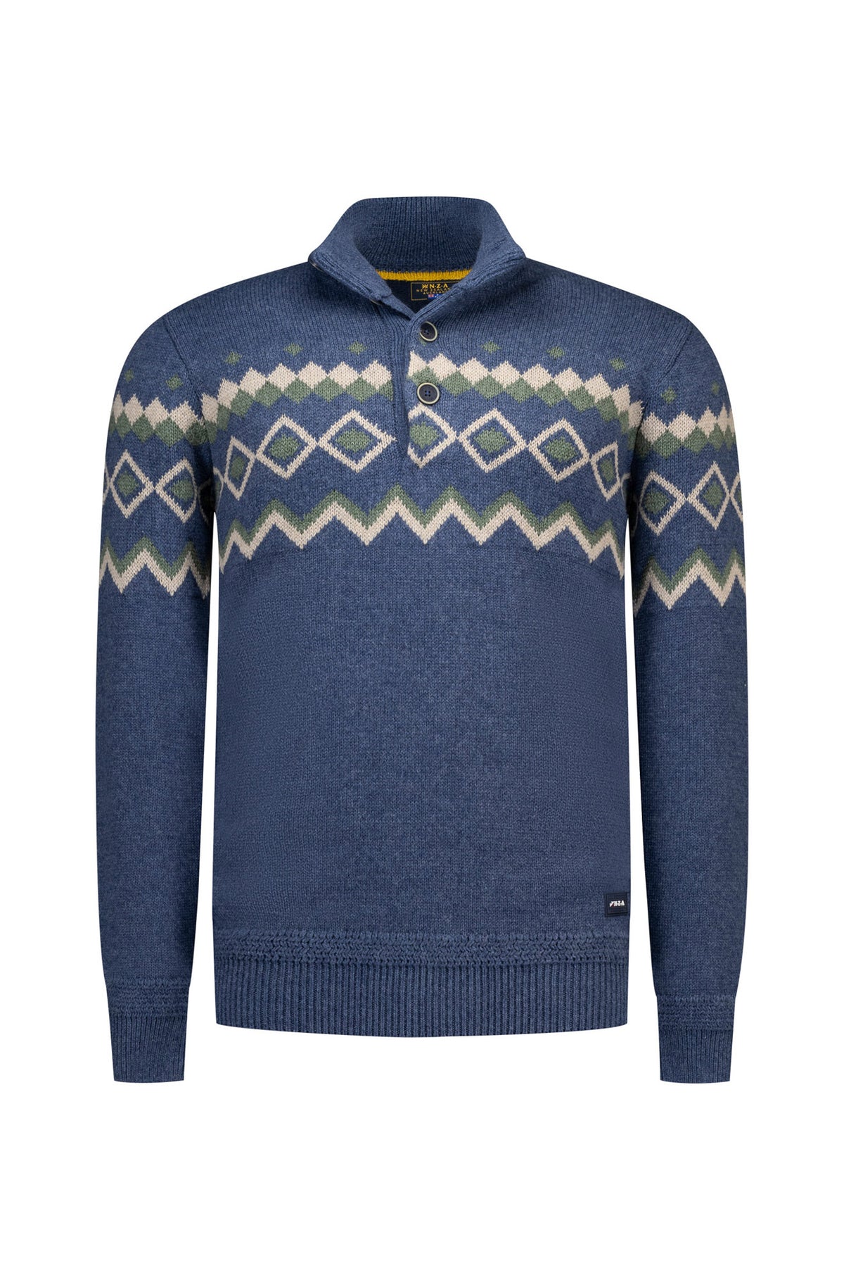 Chandail en tricot à manches longues bleu chiné, vue de face avec col boutonné et motif géométrique crème pour homme par NZA