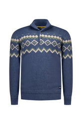 NZA men's blue melange knit long-sleeve knit sweater front view with raised button collar and cream green geometric yoke