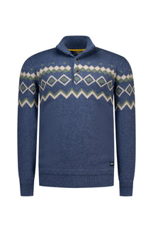 NZA men's blue melange knit long-sleeve knit sweater front view with raised button collar and cream green geometric yoke