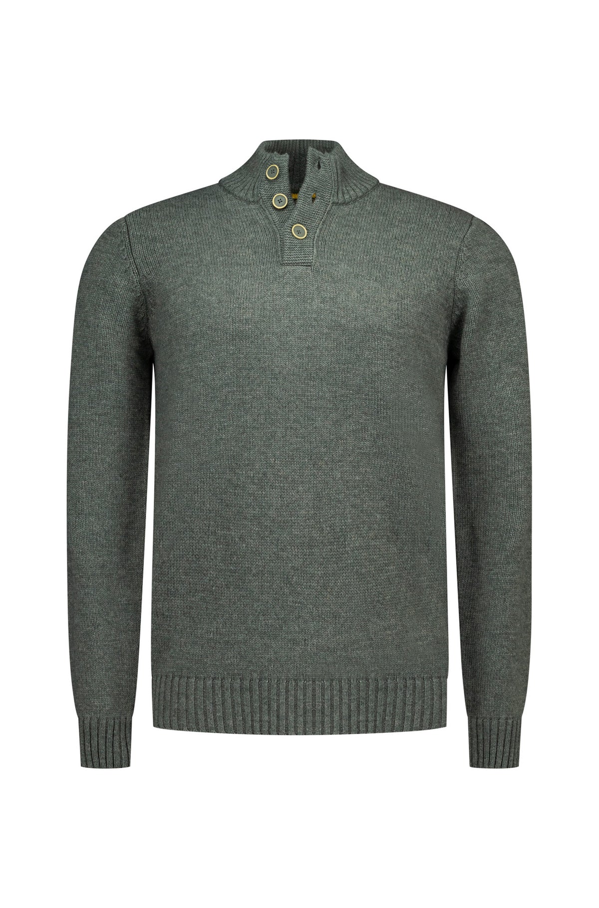 Chandail manches longues en tricot vert olive, vue de face avec col montant boutonné et bordures côtelées pour homme par NZA