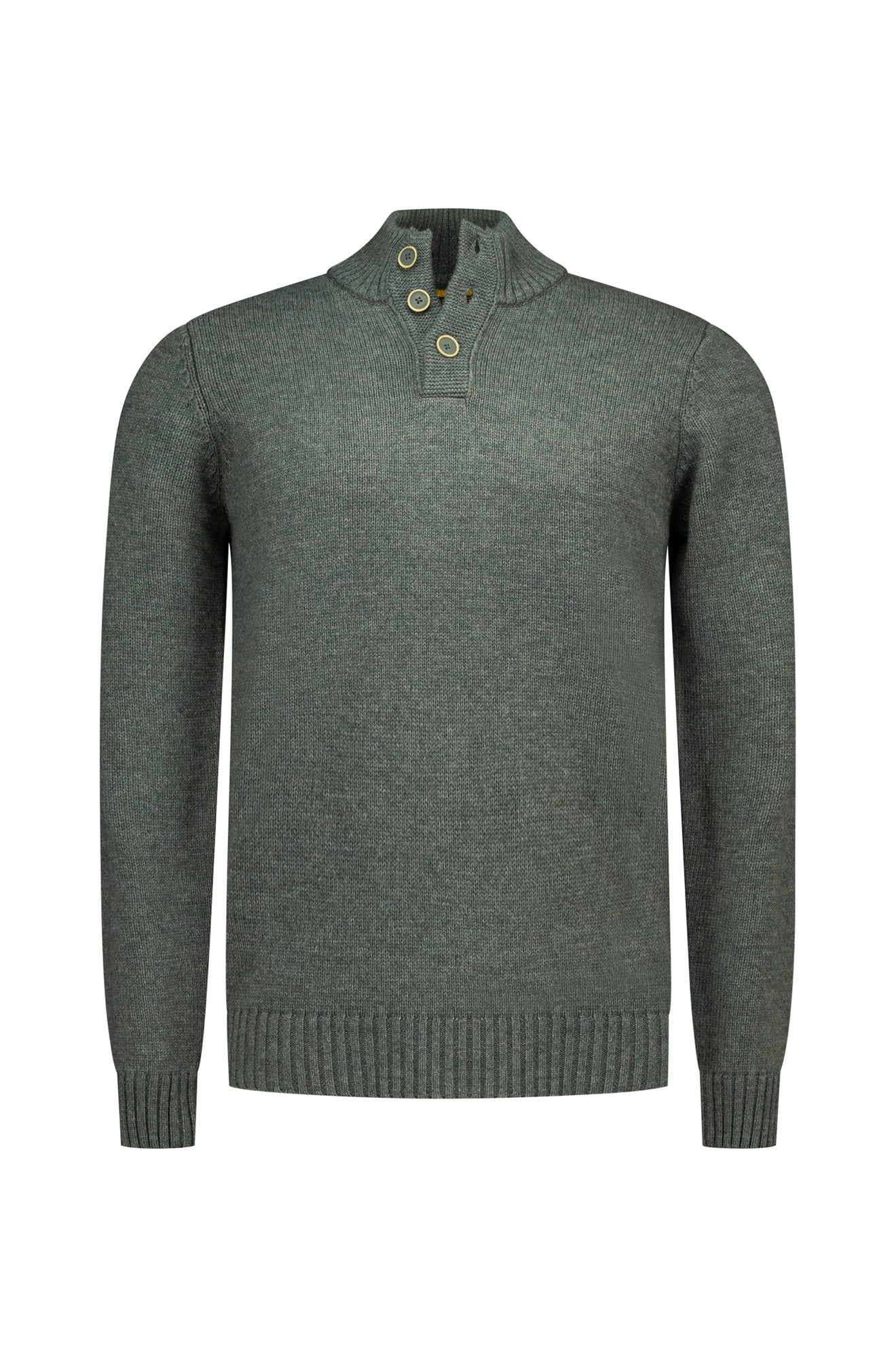 Men's olive green knit long-sleeve knit sweater front view with buttoned stand collar and ribbed cuffs and hem by NZA