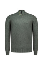 Men's olive green knit long-sleeve knit sweater front view with buttoned stand collar and ribbed cuffs and hem by NZA