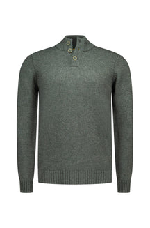 Men's olive green knit long-sleeve knit sweater front view with buttoned stand collar and ribbed cuffs and hem by NZA