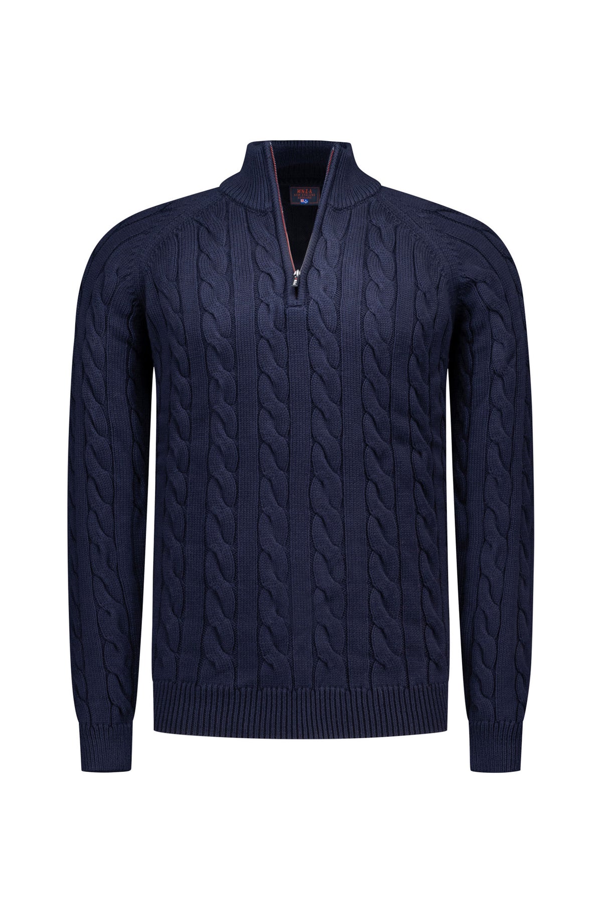 NZA men's navy cable-knit half-zip long-sleeve knit sweater with ribbed stand collar, cuffs, and hem, front product view