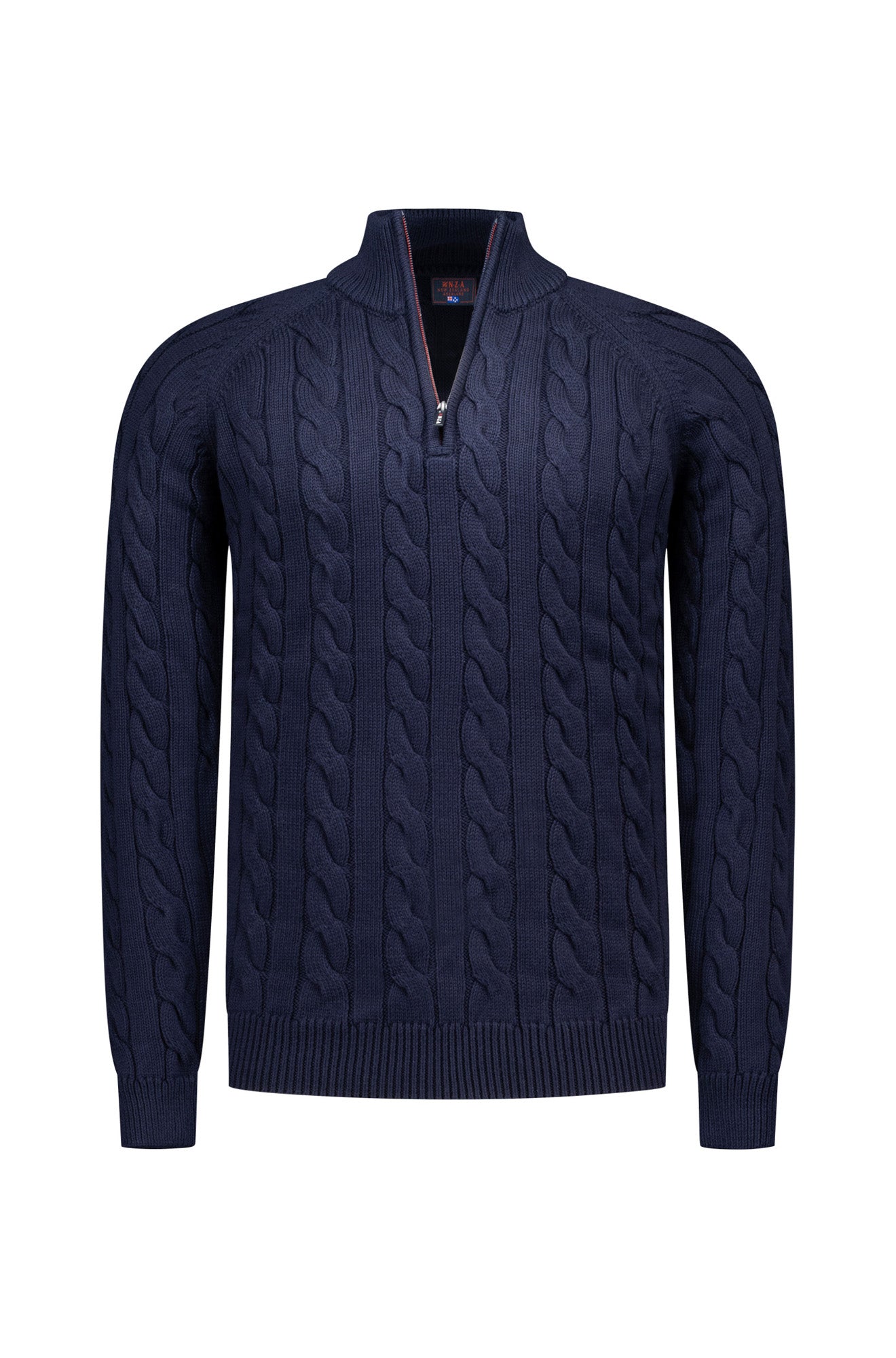 NZA men's navy cable-knit half-zip long-sleeve knit sweater with ribbed stand collar, cuffs, and hem, front product view