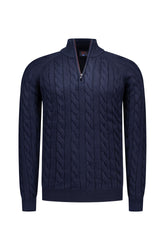 NZA men's navy cable-knit half-zip long-sleeve knit sweater with ribbed stand collar, cuffs, and hem, front product view