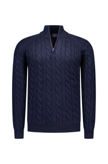 NZA men's navy cable-knit half-zip long-sleeve knit sweater with ribbed stand collar, cuffs, and hem, front product view