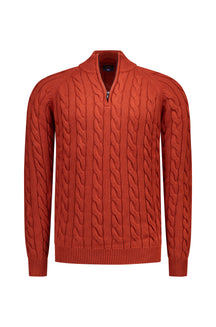 NZA men's rust orange cable-knit half-zip long-sleeve knit sweater with ribbed stand collar, cuffs, and hem, front view