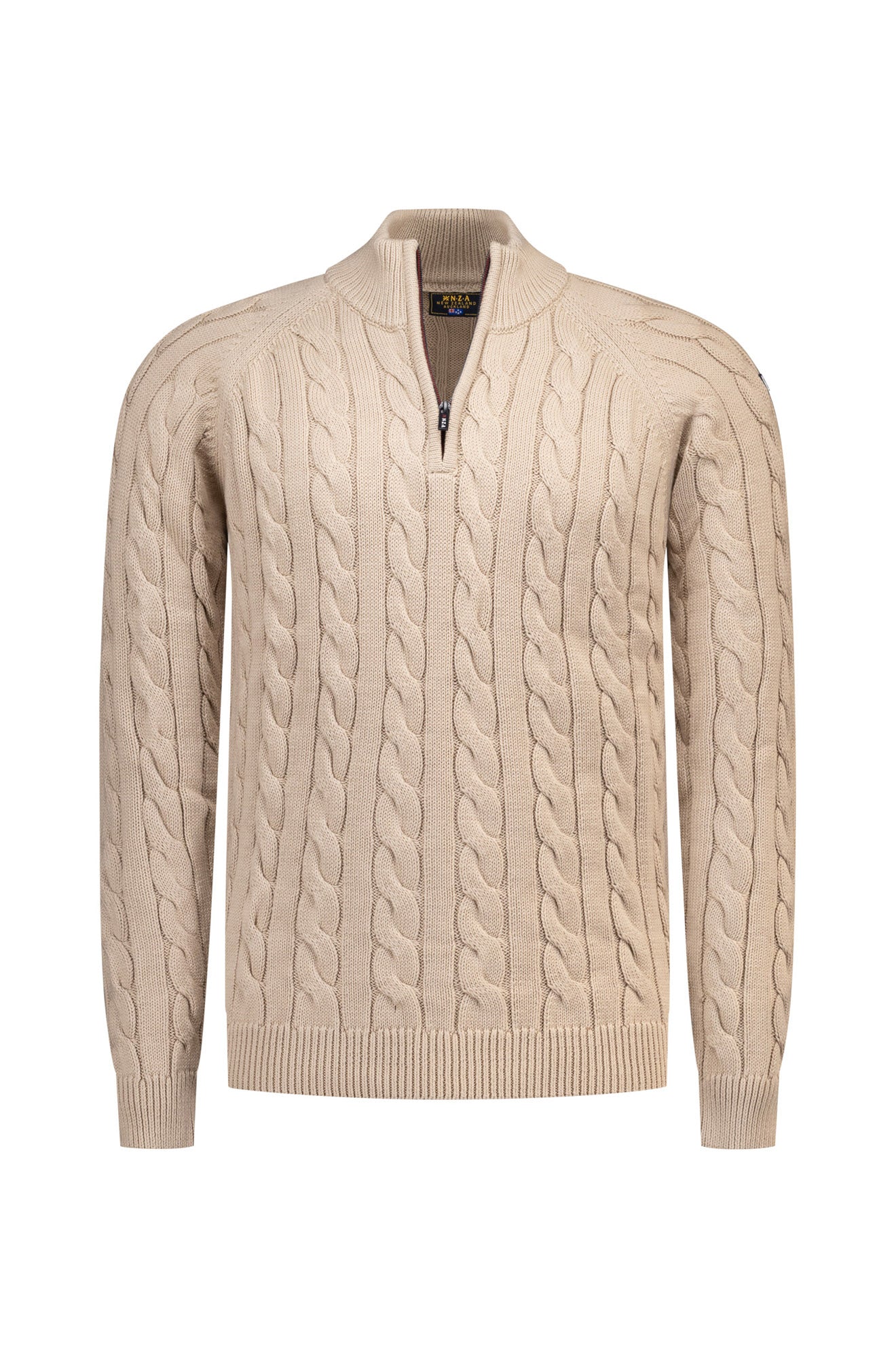 Men's beige cable-knit half-zip long-sleeve knit sweater, front product view with ribbed stand collar by NZA