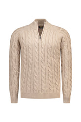 Chandail manches longues beige en tricot torsadé à demi-glissière, vue avant avec col montant côtelé pour homme par NZA