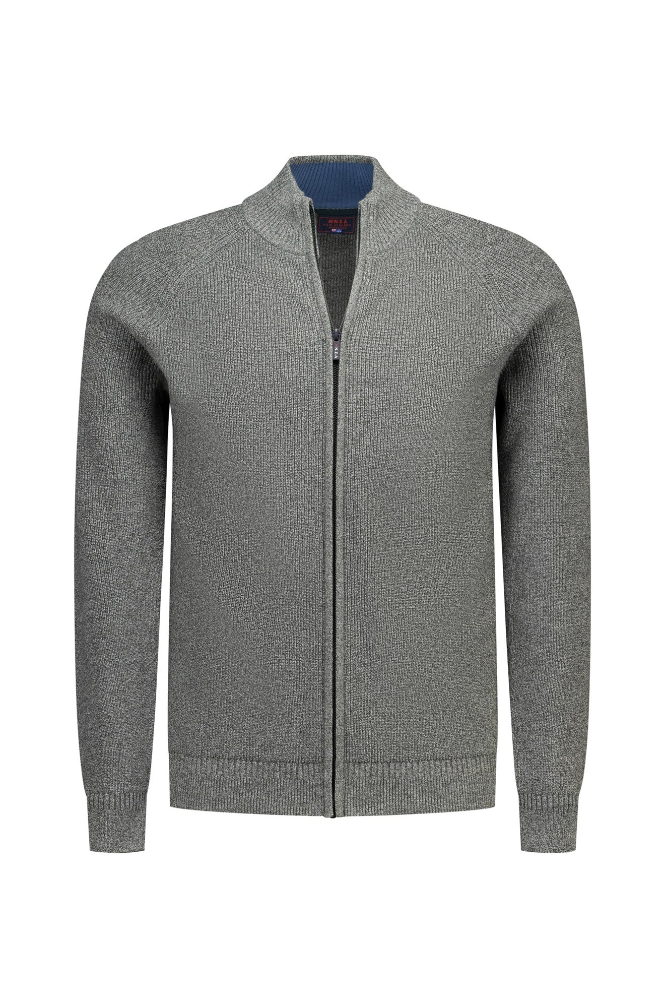 Cardigan en tricot gris chiné, vue de face avec fermeture éclair et col montant côtelé pour homme par NZA