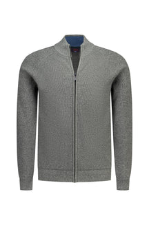 Cardigan en tricot gris chiné, vue de face avec fermeture éclair et col montant côtelé pour homme par NZA