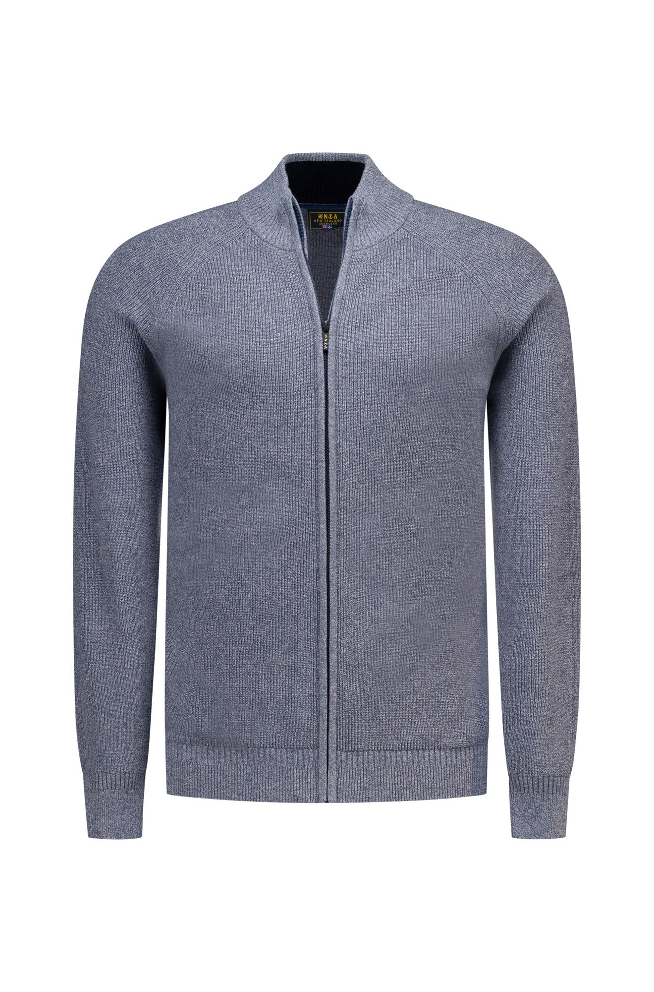 NZA men's heathered blue-gray full-zip knit cardigan with ribbed stand collar and cuffs, front view