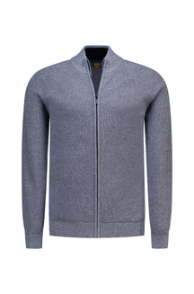 NZA men's heathered blue-gray full-zip knit cardigan with ribbed stand collar and cuffs, front view