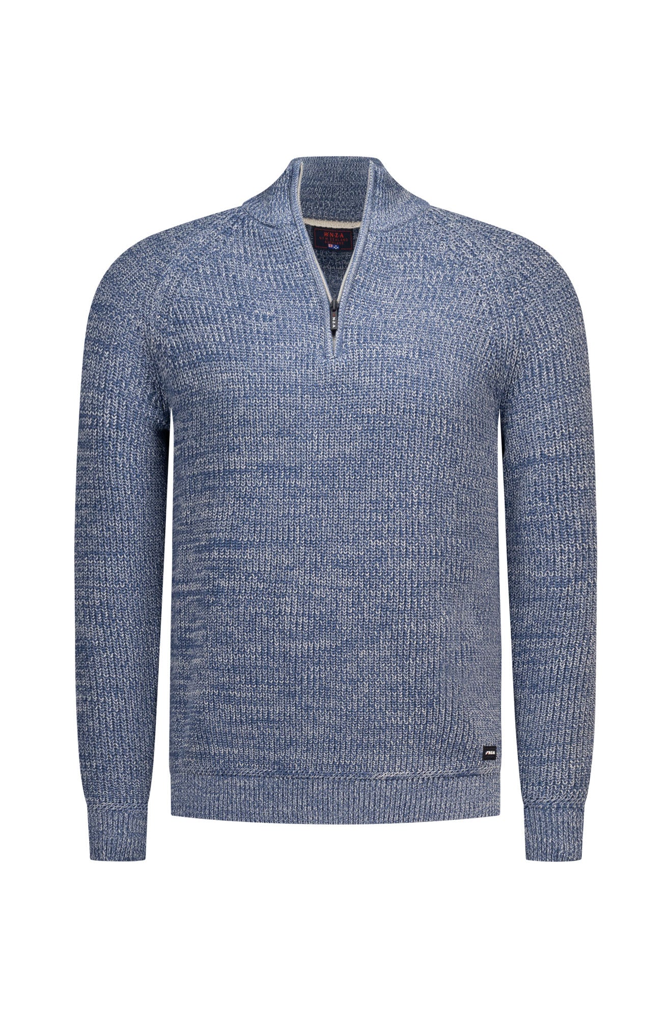 NZA men's blue marled half-zip knit long-sleeve knit sweater front view with stand collar and ribbed cuffs