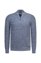 NZA men's blue marled half-zip knit long-sleeve knit sweater front view with stand collar and ribbed cuffs
