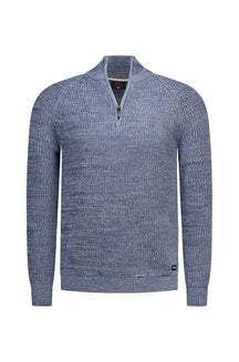 NZA men's blue marled half-zip knit long-sleeve knit sweater front view with stand collar and ribbed cuffs