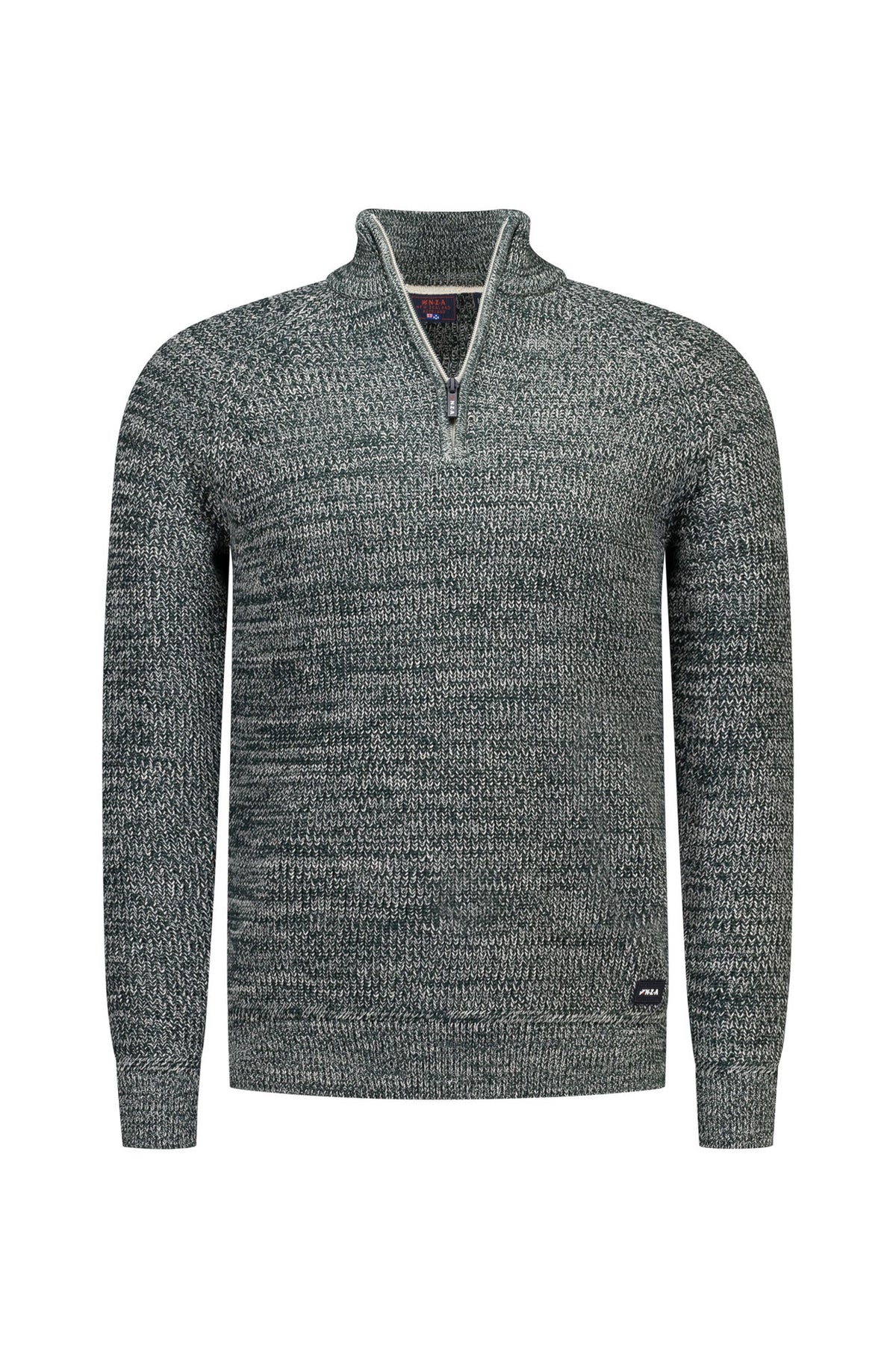 Chandail manches longues tricoté vert foncé chiné à demi-glissière, col, poignets pour homme par NZA, vue de face
