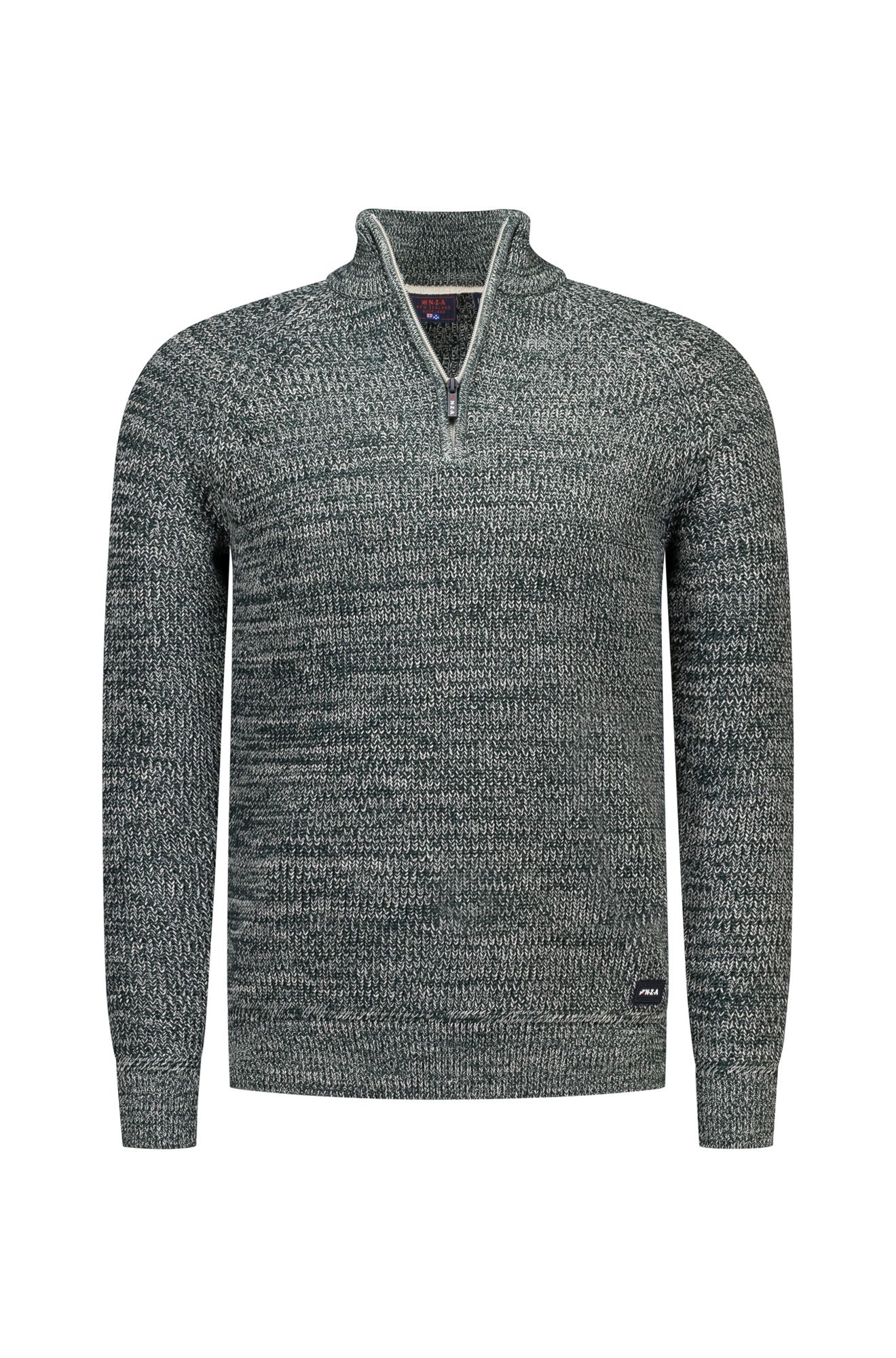 NZA men's dark green marled half-zip knit long-sleeve knit sweater with ribbed collar, cuffs, and hem, front view