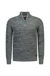NZA men's dark green marled half-zip knit long-sleeve knit sweater with ribbed collar, cuffs, and hem, front view