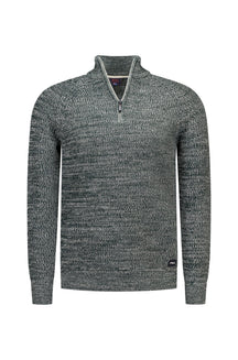 NZA men's dark green marled half-zip knit long-sleeve knit sweater with ribbed collar, cuffs, and hem, front view