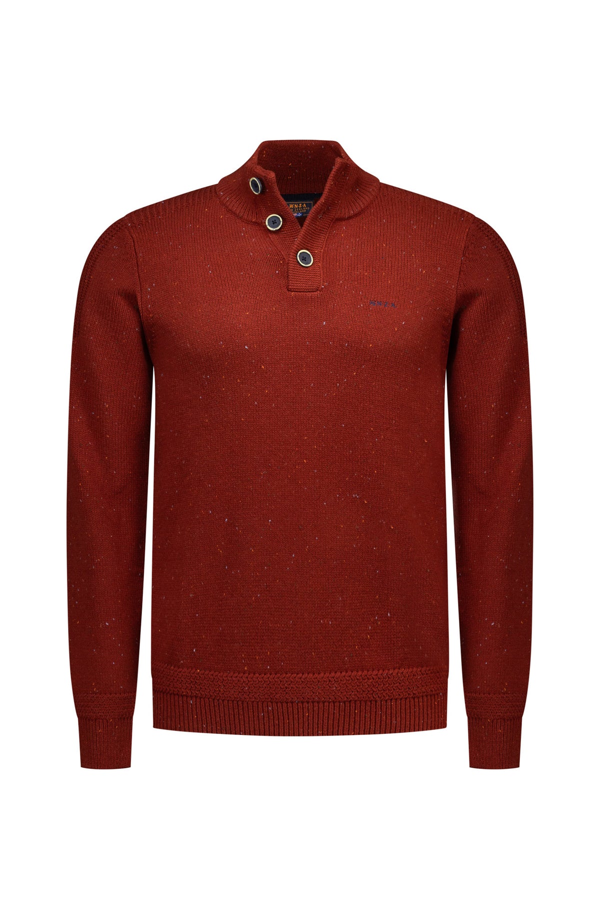 Chandail manches longues en tricot rouge rouille moucheté avec col boutonné côtelé, vue produit pour homme par NZA