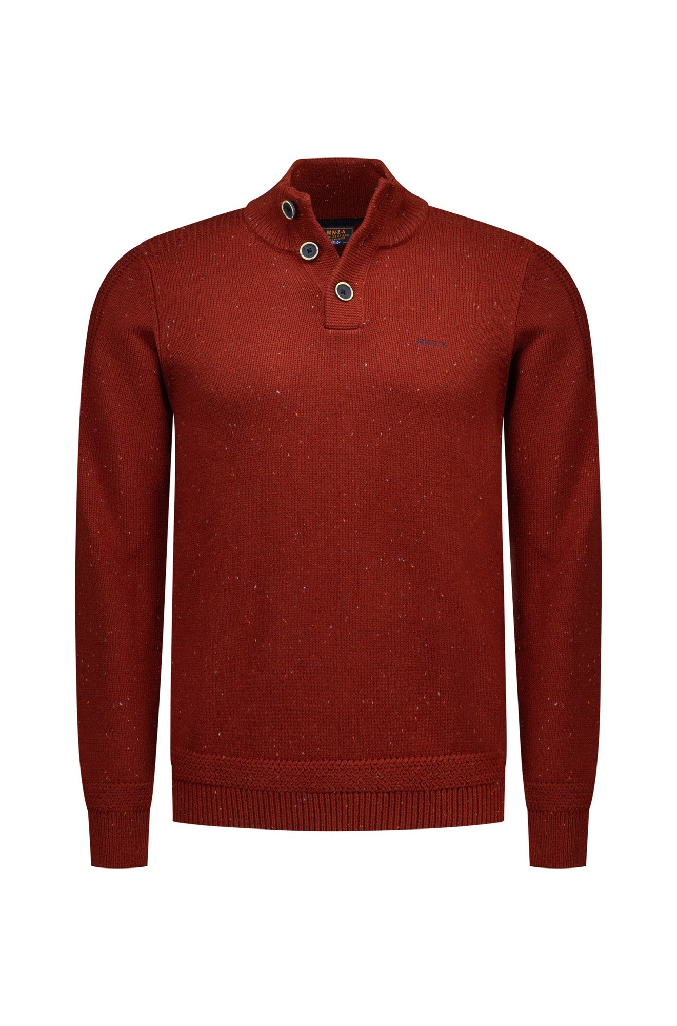 NZA men's rust red speckled knit long-sleeve knit sweater with ribbed button collar, and small chest logo, product view