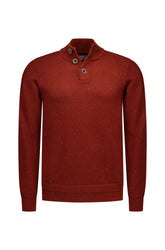NZA men's rust red speckled knit long-sleeve knit sweater with ribbed button collar, and small chest logo, product view