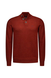 NZA men's rust red speckled knit long-sleeve knit sweater with ribbed button collar, and small chest logo, product view
