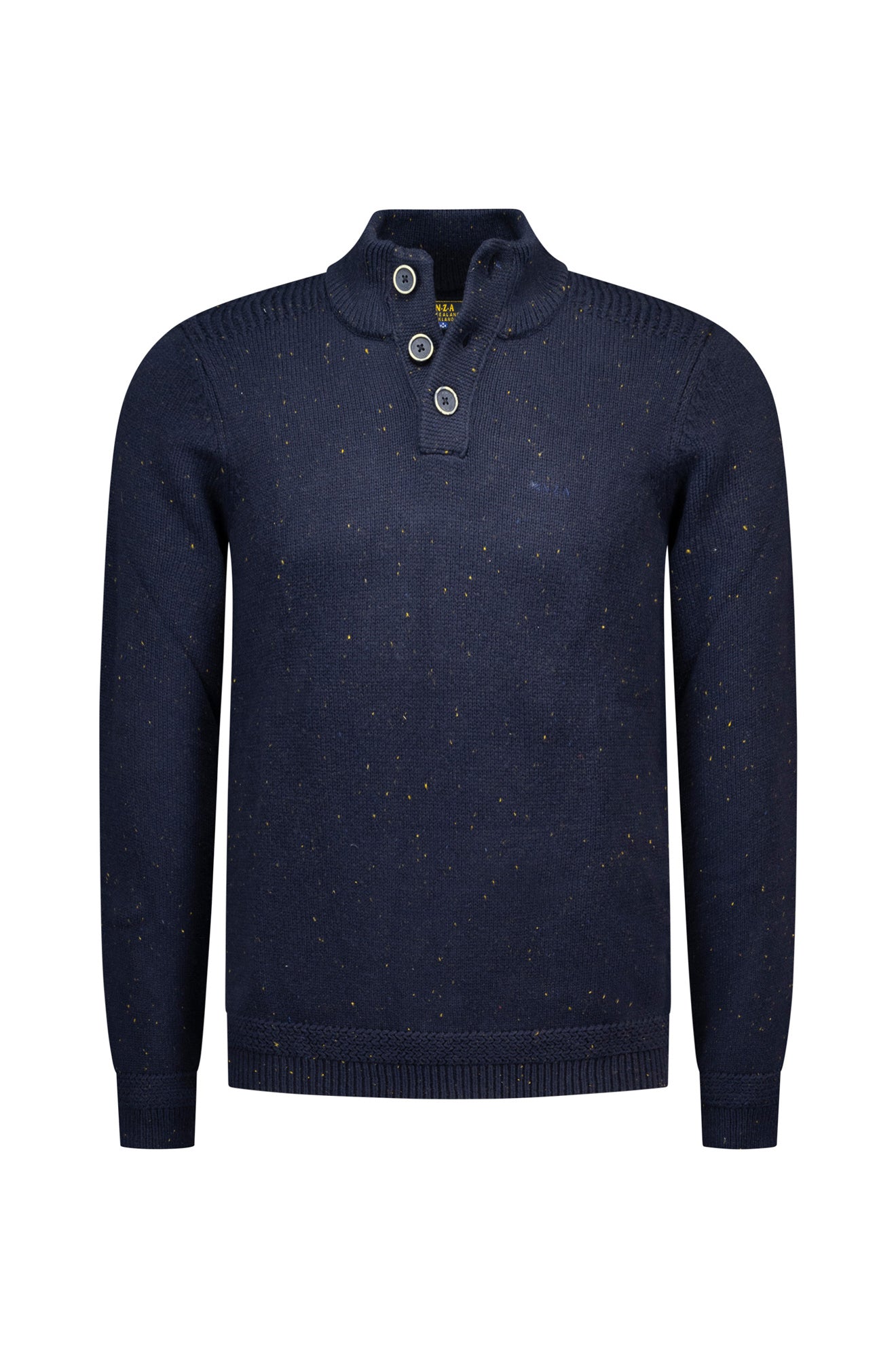 Men's navy speckled knit long-sleeve knit sweater front view with ribbed stand collar and three-button placket by NZA
