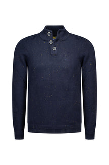 Men's navy speckled knit long-sleeve knit sweater front view with ribbed stand collar and three-button placket by NZA