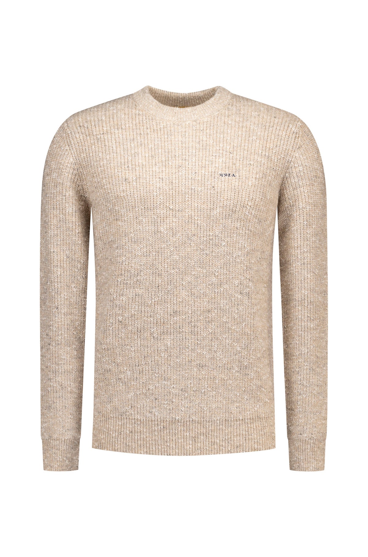 Chandail tricot à manches longues beige chiné à col rond, avec petit logo brodé à la poitrine pour homme par NZA, vue avant