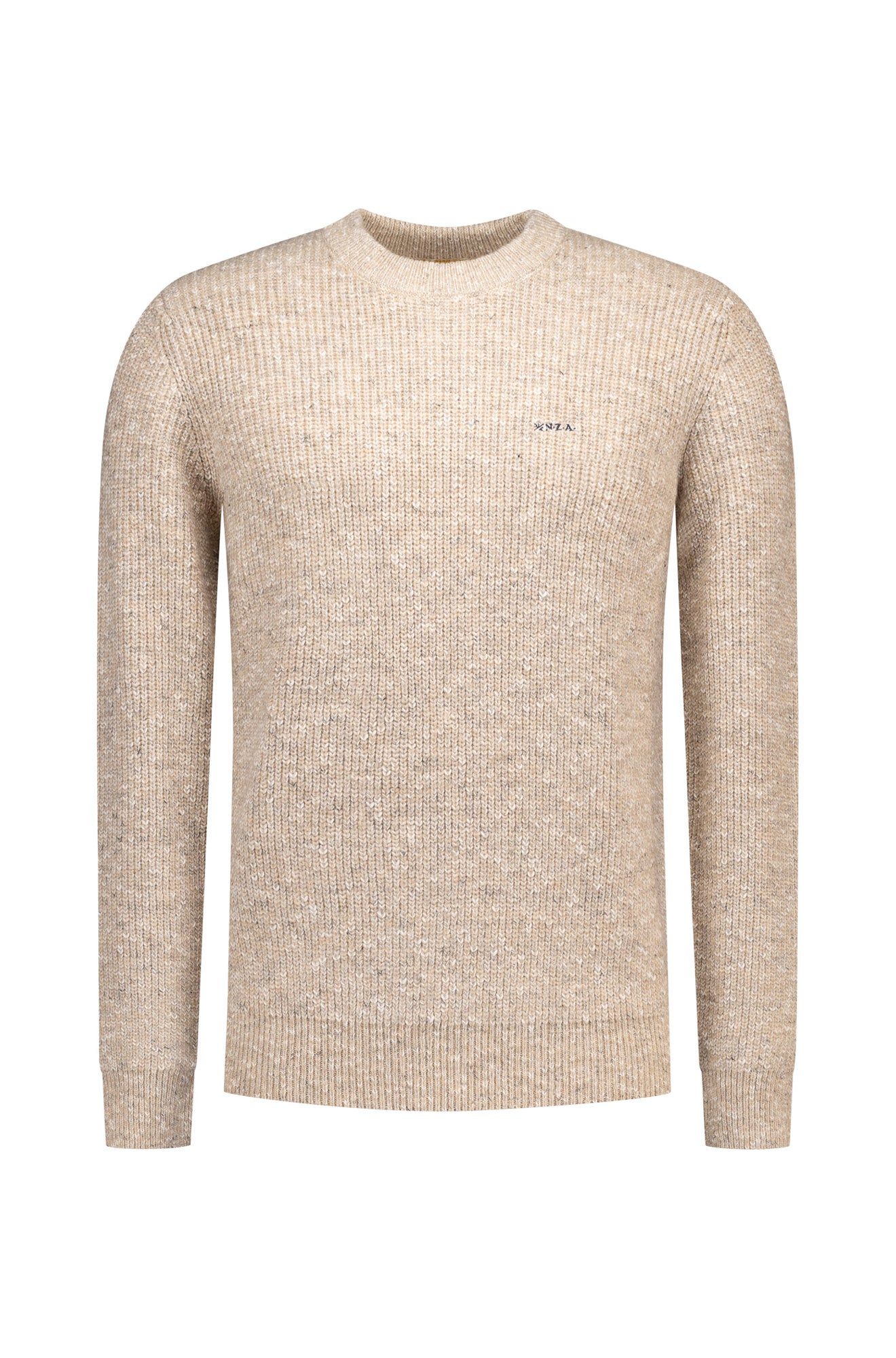 NZA men's beige marled knit crewneck long-sleeve knit sweater with small embroidered chest logo, front view