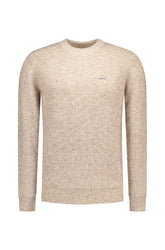 NZA men's beige marled knit crewneck long-sleeve knit sweater with small embroidered chest logo, front view