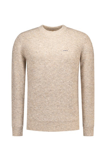 NZA men's beige marled knit crewneck long-sleeve knit sweater with small embroidered chest logo, front view