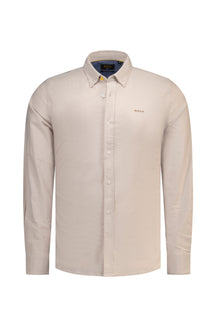 NZA men's light beige long sleeve button-down shirt, front view with chest logo and contrast inner collar