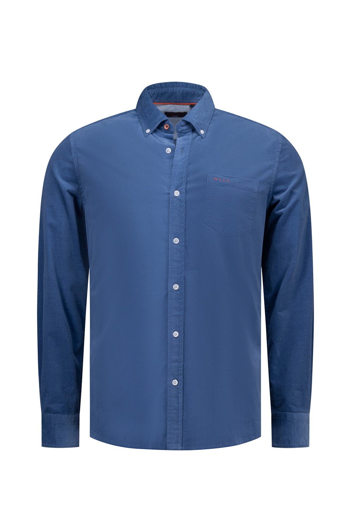Men's blue long sleeve button-down shirt, front view, with chest pocket and small embroidered logo by NZA