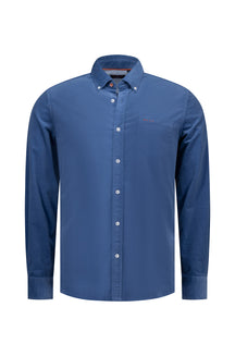 Men's blue long sleeve button-down shirt, front view, with chest pocket and small embroidered logo by NZA