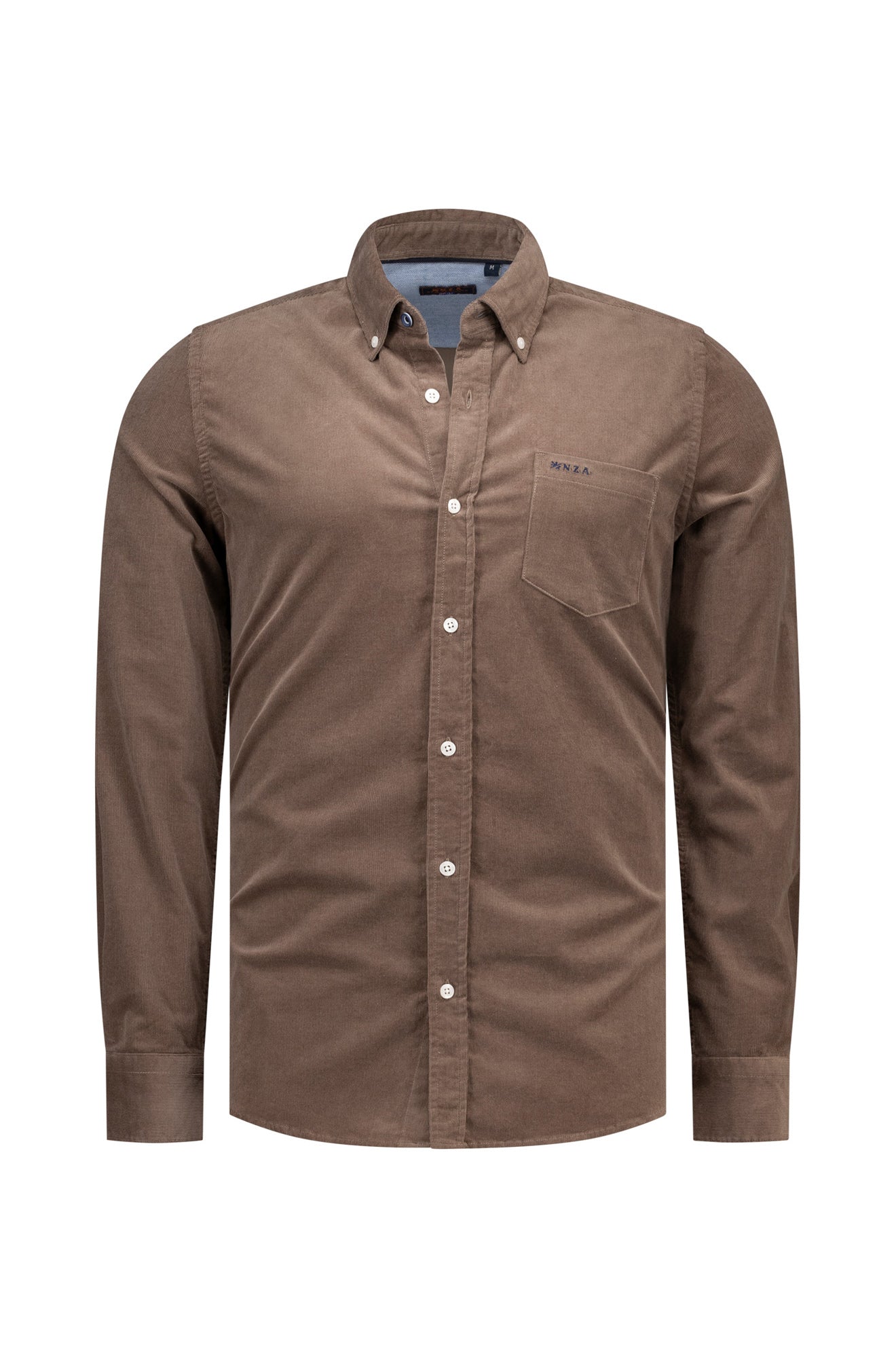 Men's taupe brown long sleeve corduroy button-down shirt with chest pocket and small NZA embroidery, product view