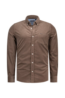 Men's taupe brown long sleeve corduroy button-down shirt with chest pocket and small NZA embroidery, product view