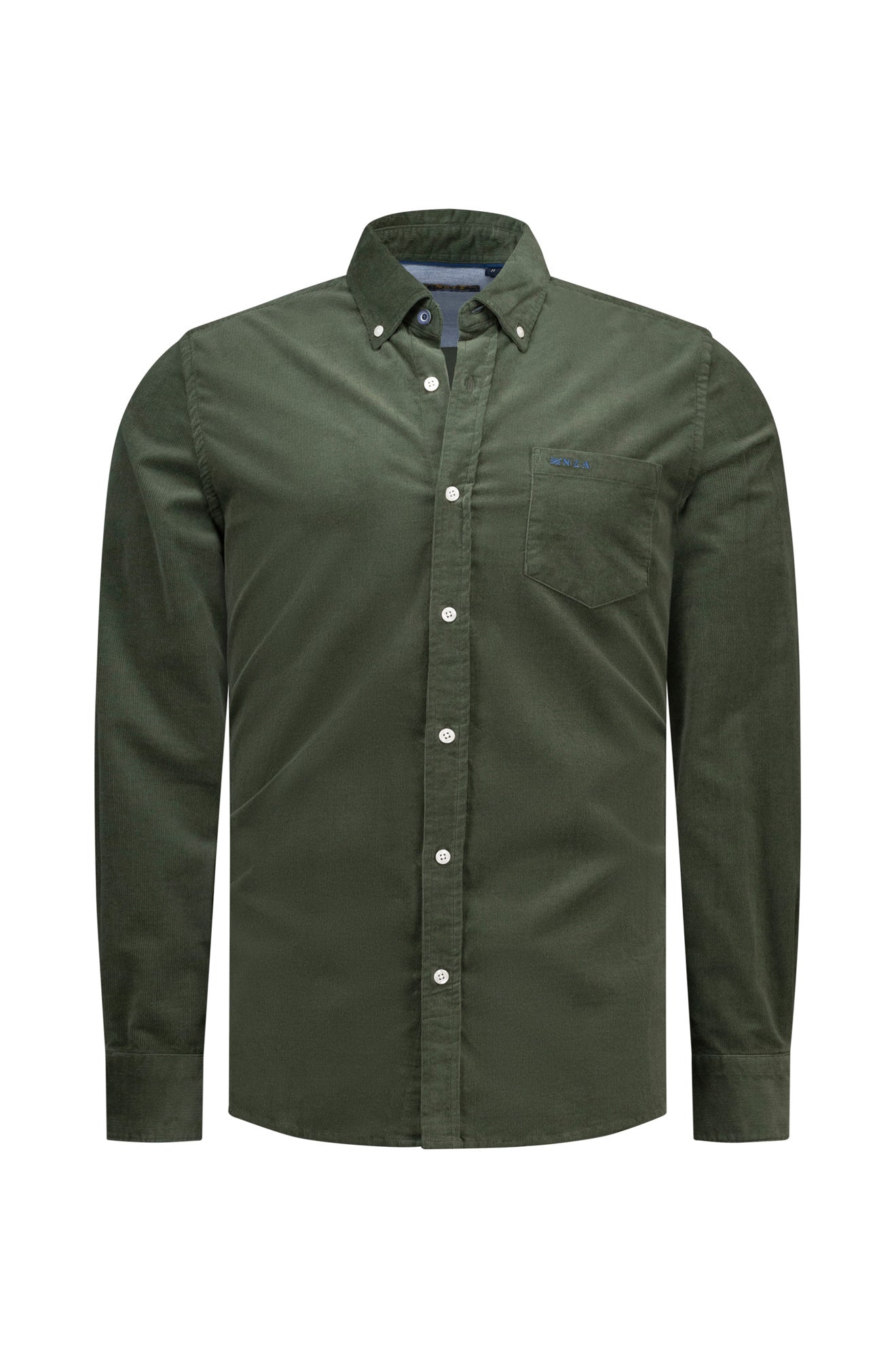 Men's dark olive corduroy long-sleeve shirt with chest pocket and small embroidered logo, product view by NZA